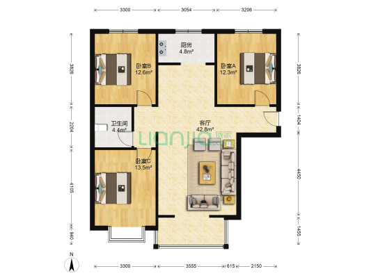 太阳城老年公寓 3室1厅1卫 126平方
