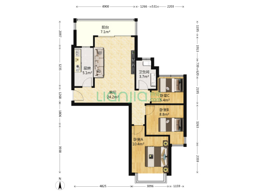恒大绿洲 3室1厅1卫 97平方