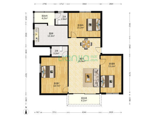 江步大厦 3室1厅2卫 140平方
