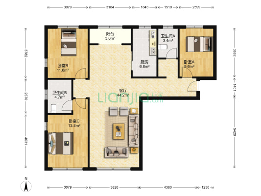 东城逸家逸贤园 3室1厅2卫 138平方