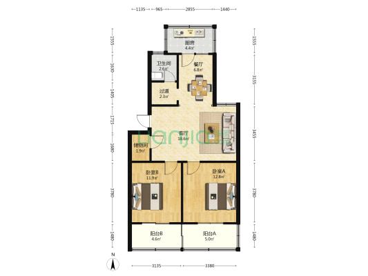 包装厂宿舍 2室2厅1卫 87平方
