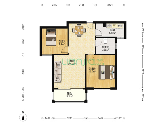 滨江花园 2室1厅1卫 85平方