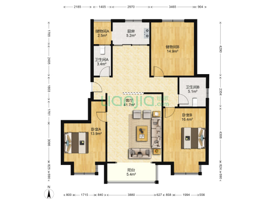 福泰新都城 2室1厅2卫 139平方