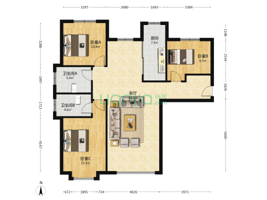 高铁旁，南北通透大三居，双卫，精装，拎包入住-户型图
