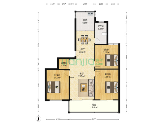 城山花园 3室2厅1卫 102平方