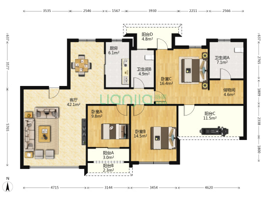 恒大新世界麓院 3室1厅2卫 146平方