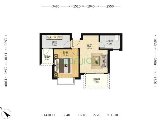 津福花园 1室1厅1卫 53平方