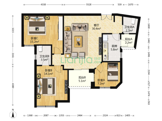 东山国际新城E区 3室1厅2卫 105平方
