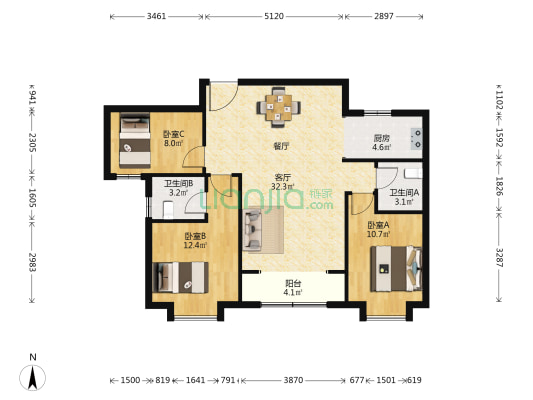 绿地望海领御 3室1厅2卫 116平方