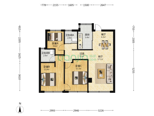 鸿翔云望 3室2厅2卫 89平方