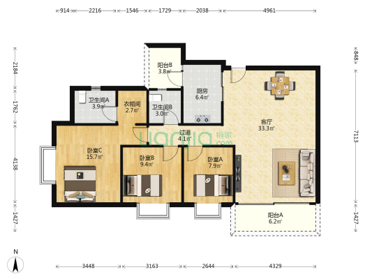 紫露苑 3室1厅2卫 122平方