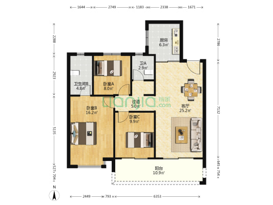 仁恒·滨河世纪 3室1厅2卫 115平方