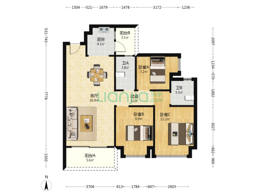方圆天俊 3室1厅2卫 100平方