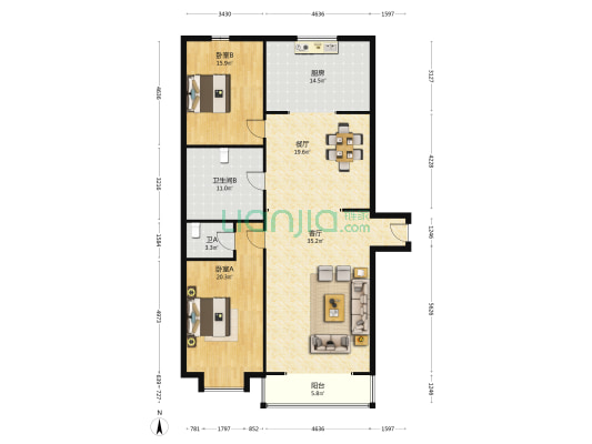 电业住宅 2室2厅2卫 173平方