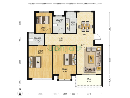 中南花园 3室1厅2卫 118平方