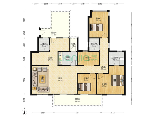 中国铁建南国天骄一期 3室1厅3卫 156平方