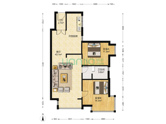 中拥蓝天下 2室1厅1卫 94平方