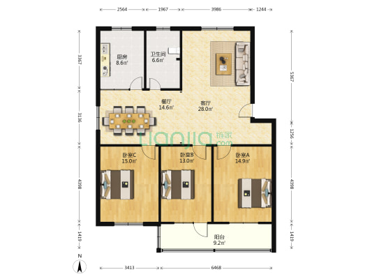 包府苑小区 3室2厅1卫 129平方