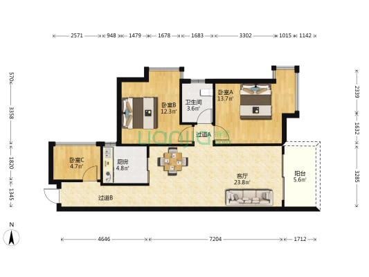 碧河四期水云天公馆 3室1厅1卫 85平方
