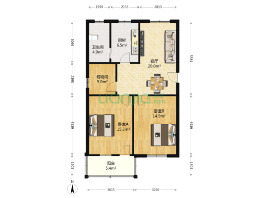 中大街33号 2室1厅1卫 82平方