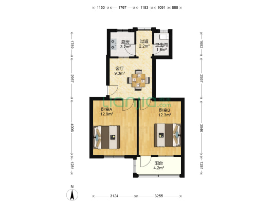 汪家弄 2室1厅1卫 55平方