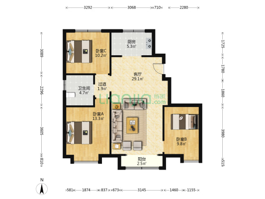 鸿坤理想湾 3室1厅1卫 100平方