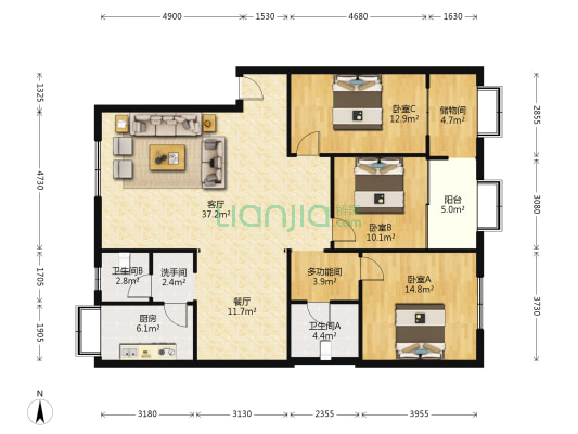 弘昱小区 4室2厅3卫 140平方