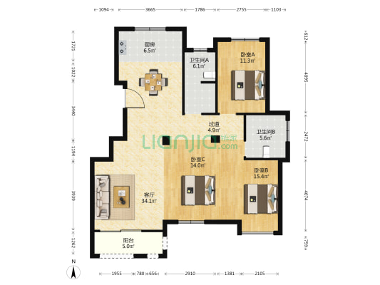 秉贤大院 3室1厅2卫 126平方