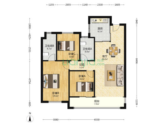 东原印柒雅 3室1厅2卫 111平方