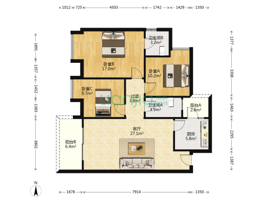 半山半园 3室1厅2卫 86平方