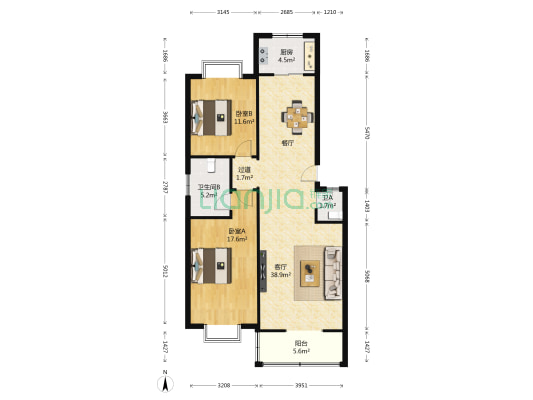 小白杨有色金属家属院 2室1厅2卫 105平方