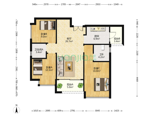 绿地未来城慧谷广场 3室1厅2卫 110平方
