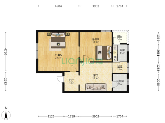 生甡里 2室1厅1卫 69平方