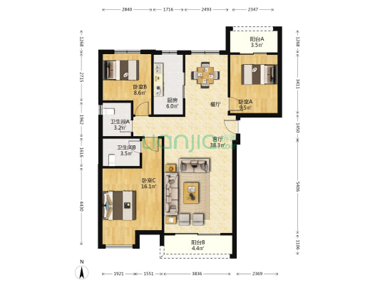 东悦城1号院 3室1厅2卫 88平方