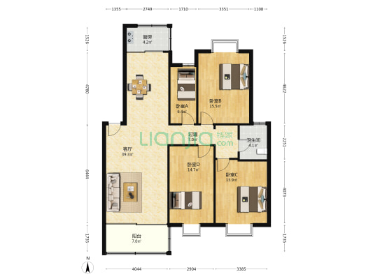 北漪路9号 4室1厅1卫 132平方