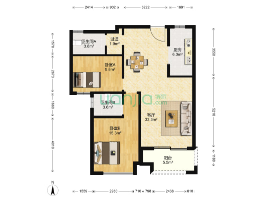 春江景苑 2室1厅2卫 115平方