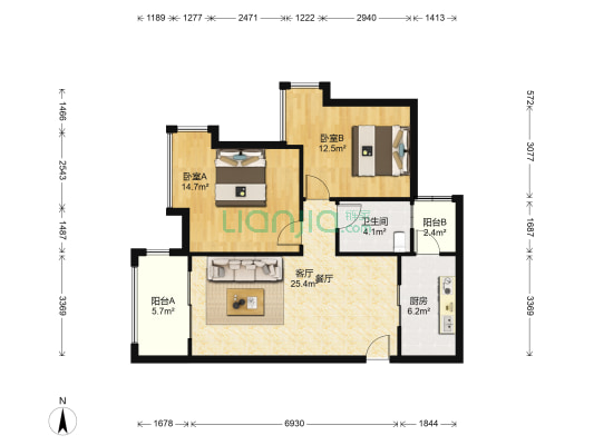 亚运城天誉 2室1厅1卫 89平方