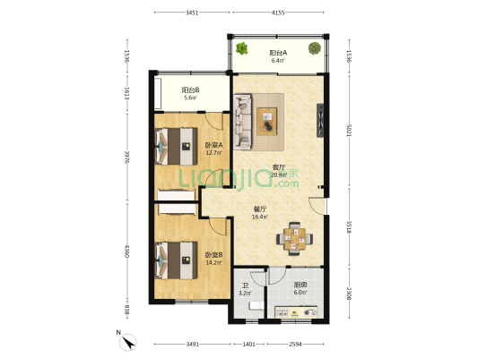 东裕阁 2室2厅1卫 95平方