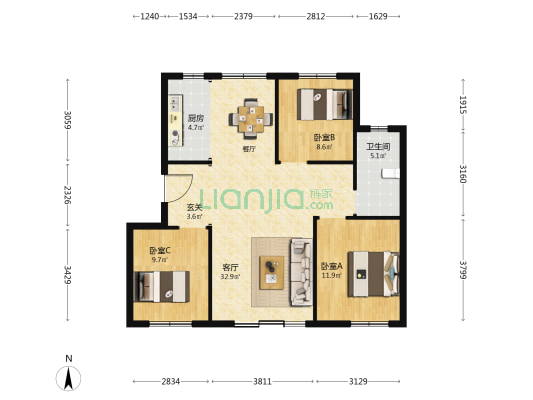 祥泉花苑 3室1厅1卫 100平方