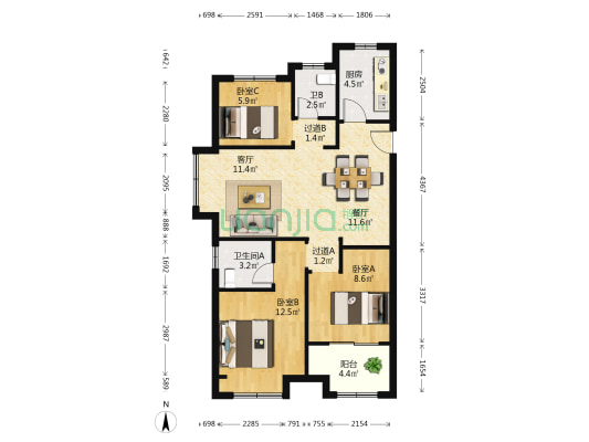 海棠湾 3室2厅2卫 88平方