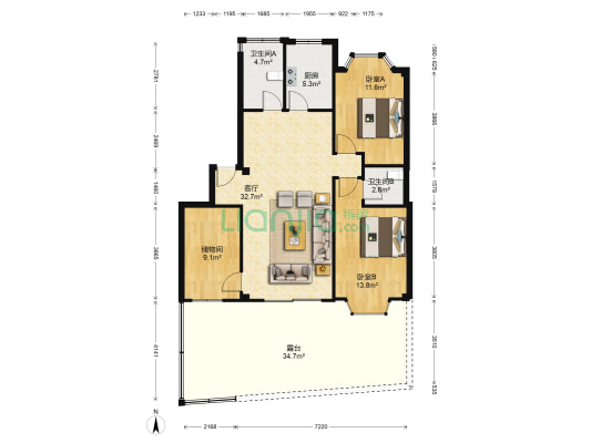 中港花园 2室1厅2卫 103平方