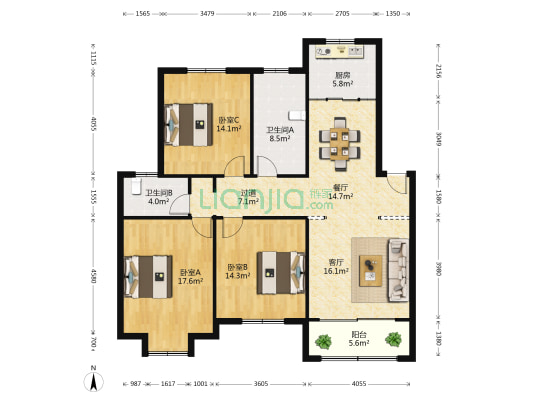 如意湾 3室2厅2卫 134平方