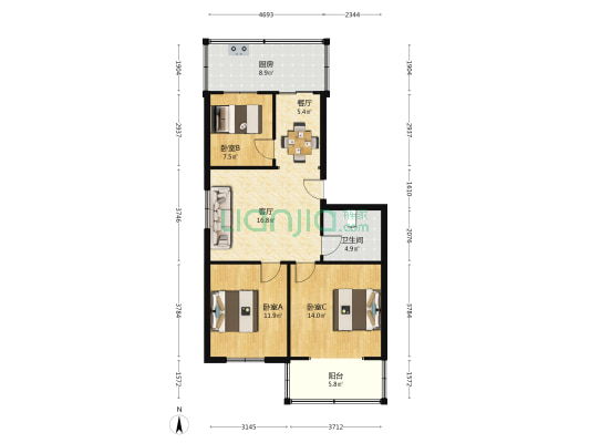 煤气公司宿舍 3室2厅1卫 88平方