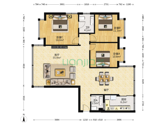 宏騰苑 3室1厅2卫 117平方