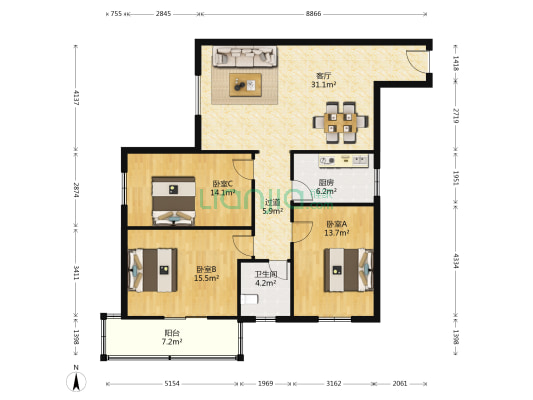 百合佳苑 3室1厅1卫 125平方