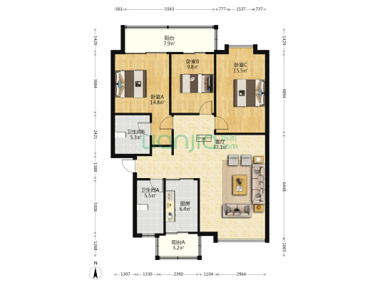 阳光景苑 3室1厅2卫 120平方