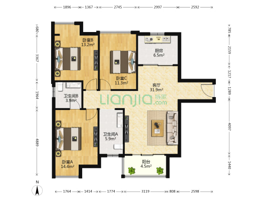 富强天合园 3室1厅2卫 120平方