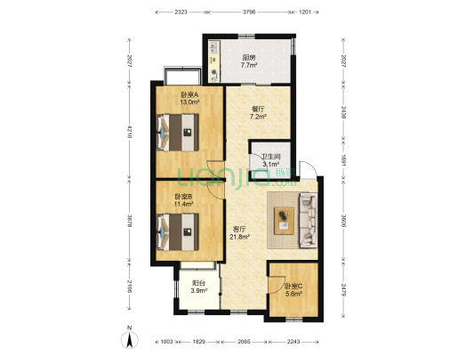 白庙组团 3室2厅1卫 87平方