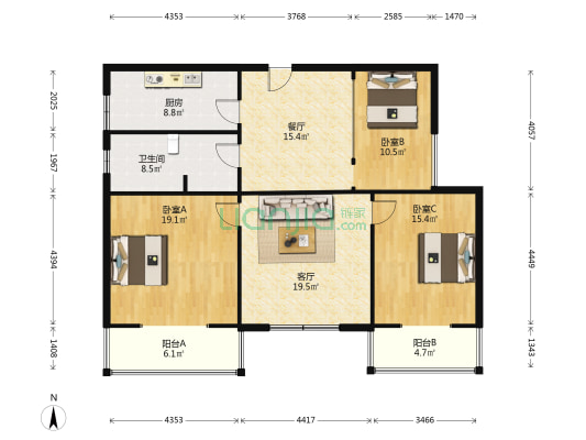 天鑫花园 3室2厅1卫 148平方