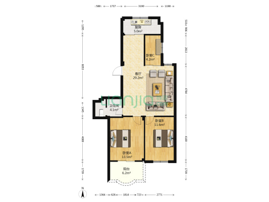 江滨锦城 3室1厅1卫 85平方